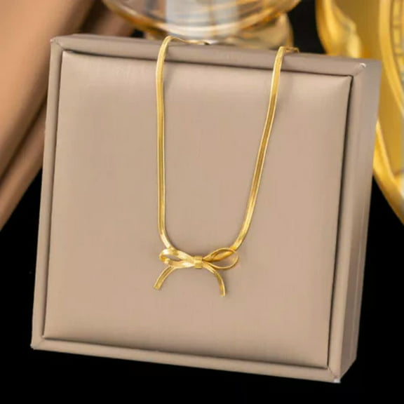 K-KED 1pc Flat Snake Chain Bow Pendant Choker Necklace Charm Wedding Banquet Jewelry-Gold