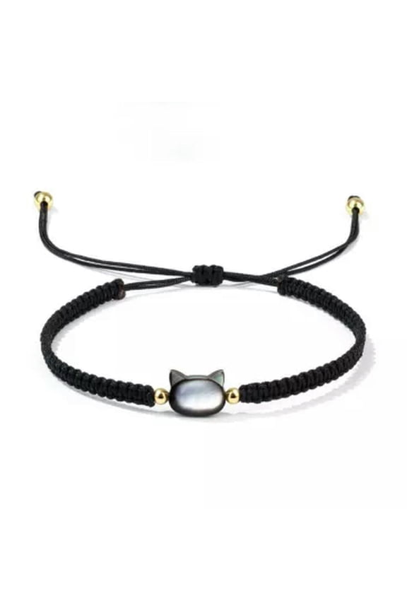 1pc Natural Moonstone Obsidian Bracelets Black Rope Cute Cat Charm Bracelet-Black