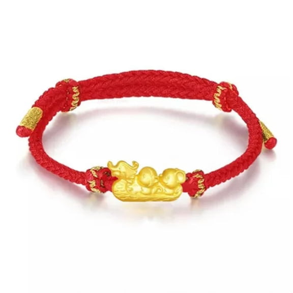 K-KED 1pcs 999 Pure 24k Yellow Gold Bracelet 3D Mouse Monkey Dragon Red String 7inch-Red String