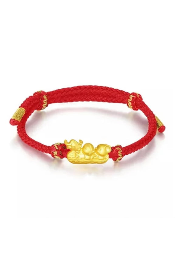 1pcs 999 Pure 24k Yellow Gold Bracelet 3D Mouse Monkey Dragon Red String 7inch-Red String