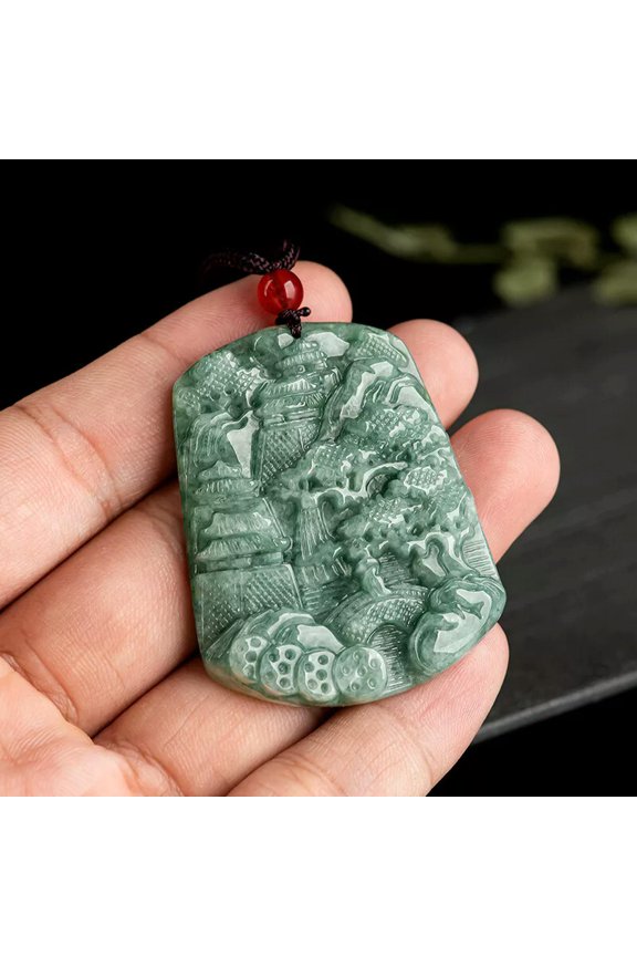 1pcs Natural Jadeite A Grade Jade Pendant Bean Green Carved Mountains Rivers