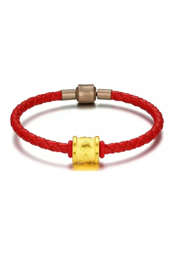 1pcs Pure 24k Yellow Gold 3D Six Sutra Bead Red Leather Rope Bracelet 7.5''L-Red String