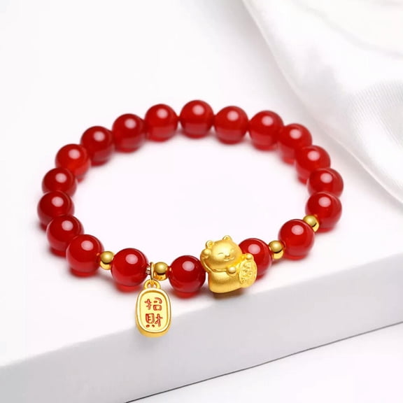 K-KED 1pcs Pure 24k Yellow Gold Bracelet Furture Cat with Red Agate 8mm Link 7inchL
