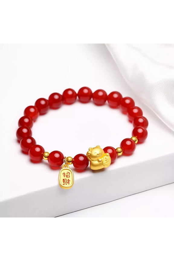 1pcs Pure 24k Yellow Gold Bracelet Furture Cat with Red Agate 8mm Link 7inchL