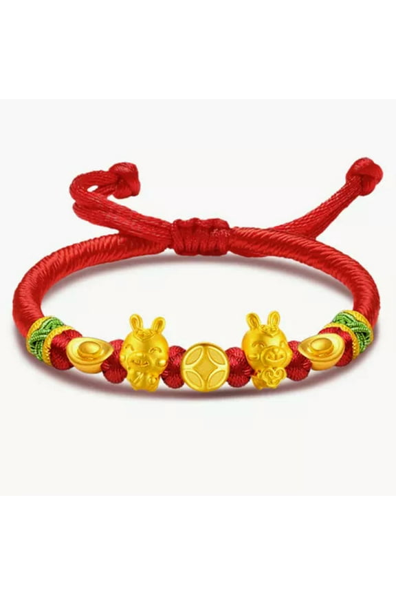 1pcs Real 24K Yellow Gold Bracelet For Women Zodiac Rabbit and Blessing Bag -Rabbit coin