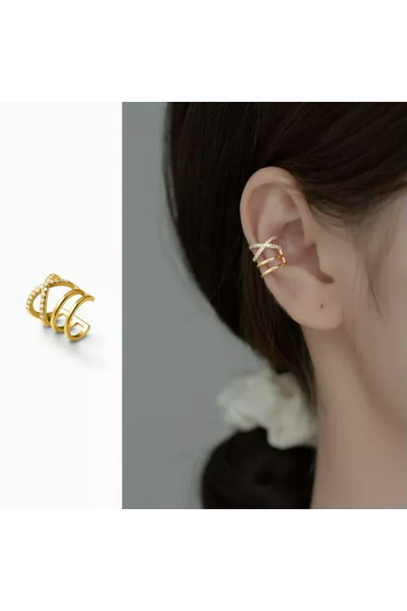 1pcs Solid 925 Sterling Silver Crystal Cross Lines Ear Cuff Earring-Silver