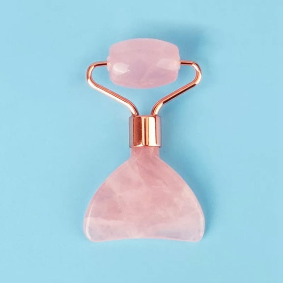 K-KED 2 In 1 Natural Rose Quartz Crystal Facial Massager Roller + Gua Sha Scraper Tool