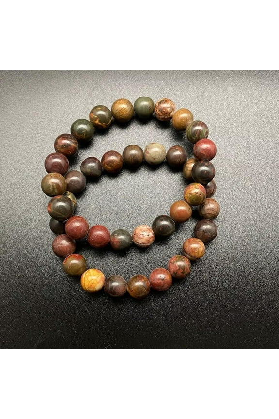 2 PCS Natural 10mm Picasso Jasper Stone Red Creek Stone Stretch Bracelet