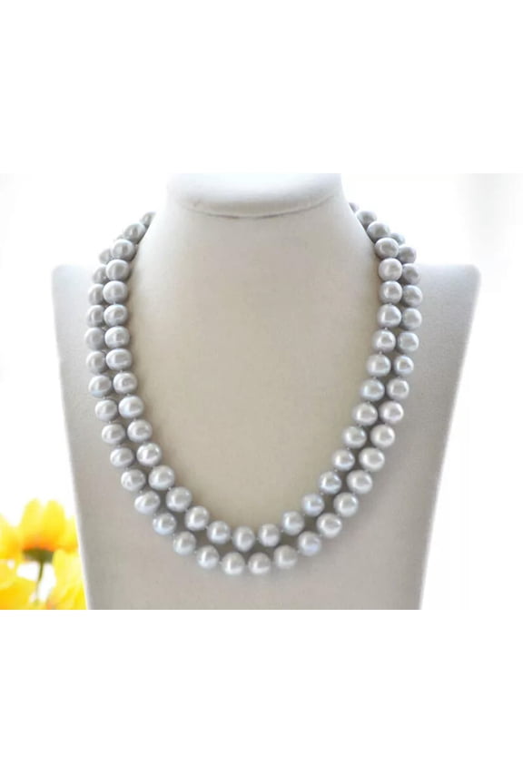 2 Row 18" 11mm Round Gray Freshwater Pearl Necklace 925S Fashion Delicate Jewelry