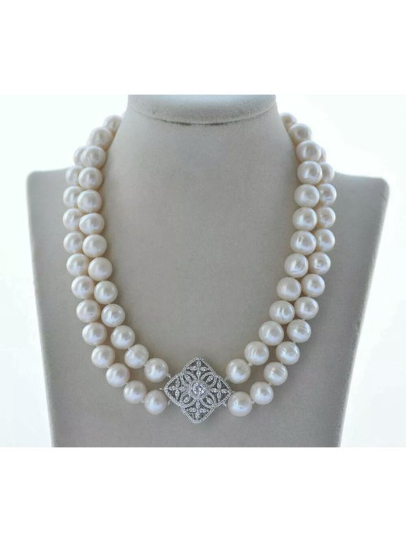 2 Rows 18" 12-13mm White Round Freshwater Pearl Necklace CZ