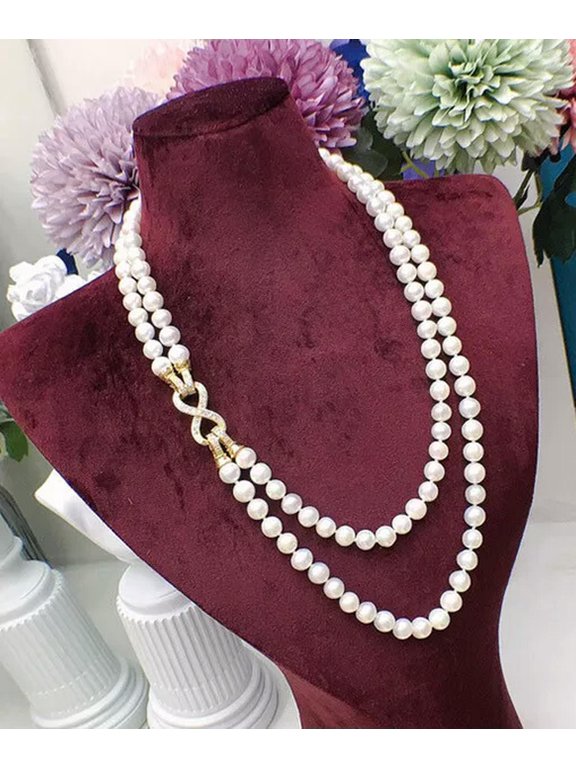 2 Strand Natural 8-9mm White Freshwater Pearl Necklace 18-20" CZ Clasp