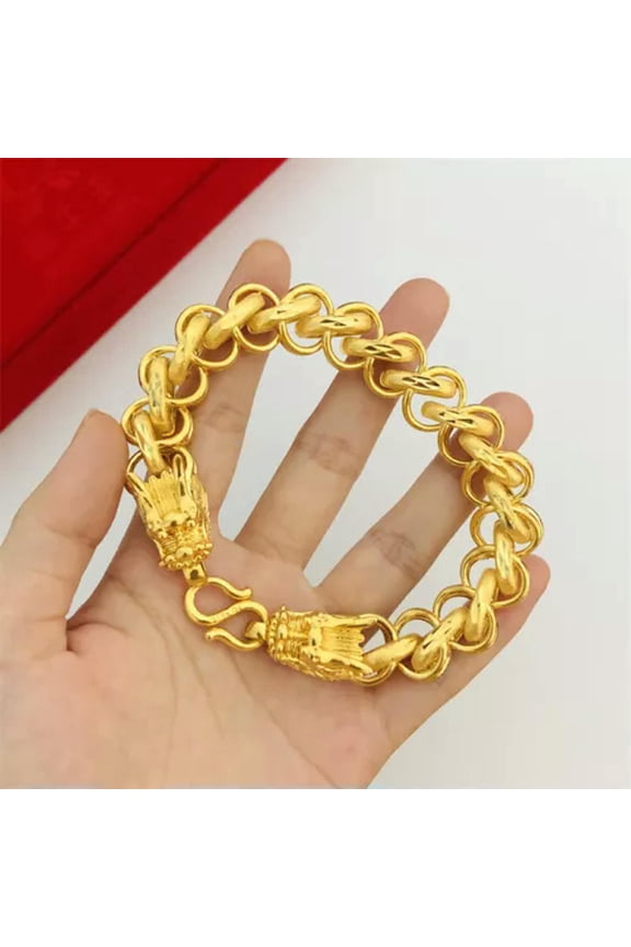 2 Type 24K Yellow Gold Plated 15mm 9" Thick Circles Dragon Head Men's Bracelet-15mm dragon heads bracelet