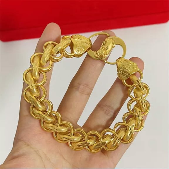 K-KED 2 Type 24K Yellow Gold Plated 15mm 9" Thick Circles Dragon Head Men's Bracelet-15mm happiness heads bracelet