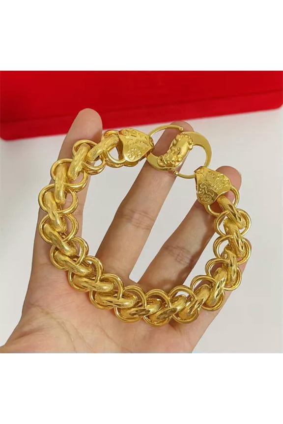 2 Type 24K Yellow Gold Plated 15mm 9" Thick Circles Dragon Head Men's Bracelet-15mm happiness heads bracelet