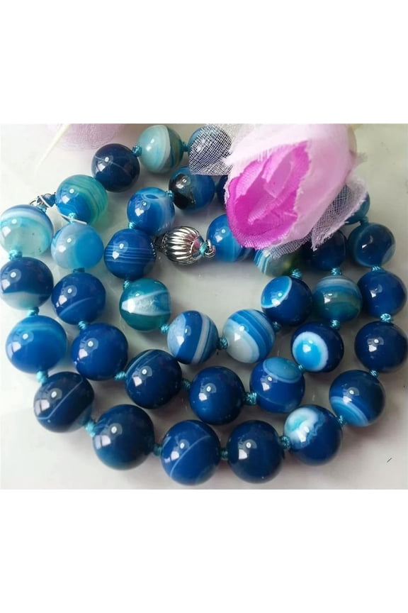 20'' Natural 10mm Blue Striped Agate Onyx Gemstone Round Beads Necklace