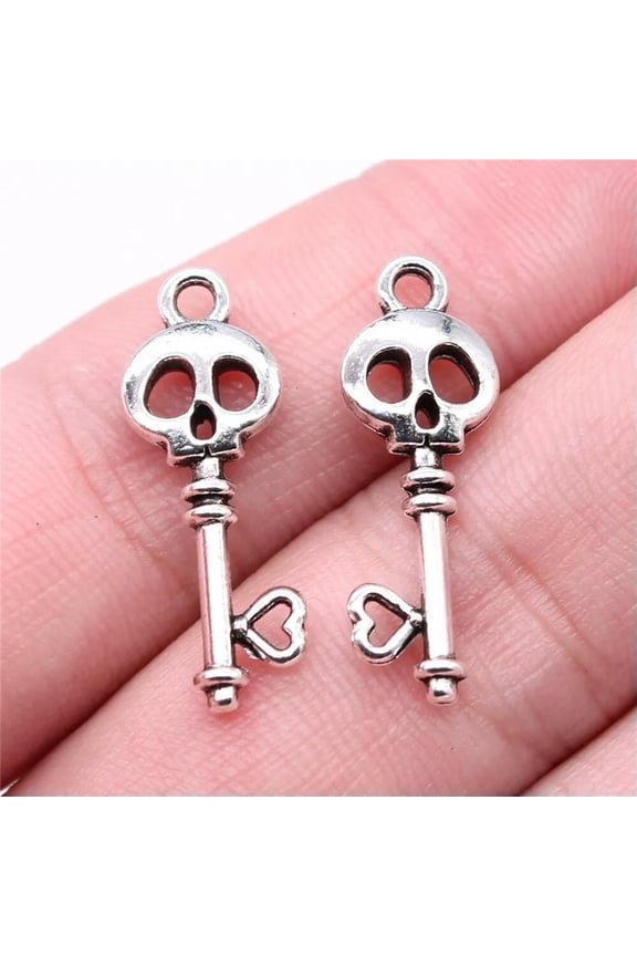 200 Pcs Tibet Silver Skull Key Charms Pendant 26x9MM C15283