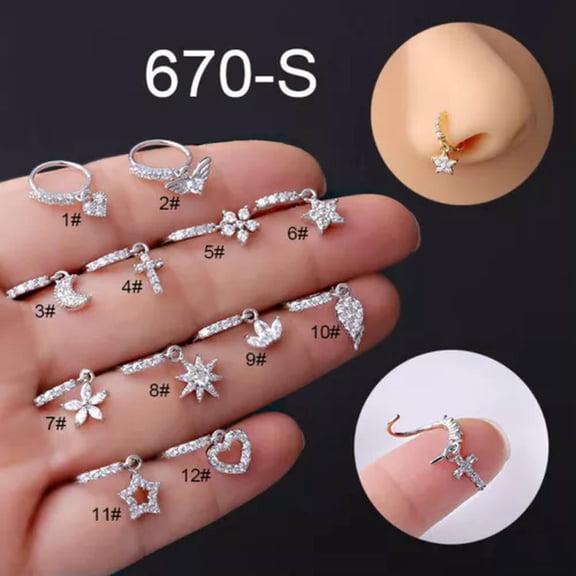 K-KED 20G 8mm Zircon Dangle Nose Ring Clicker Nose Hoop Body Piercing Jewellery-11#-Silver