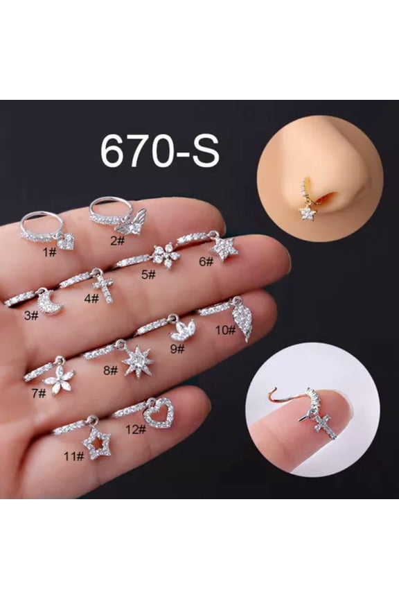 20G 8mm Zircon Dangle Nose Ring Clicker Nose Hoop Body Piercing Jewellery-12#-Silver