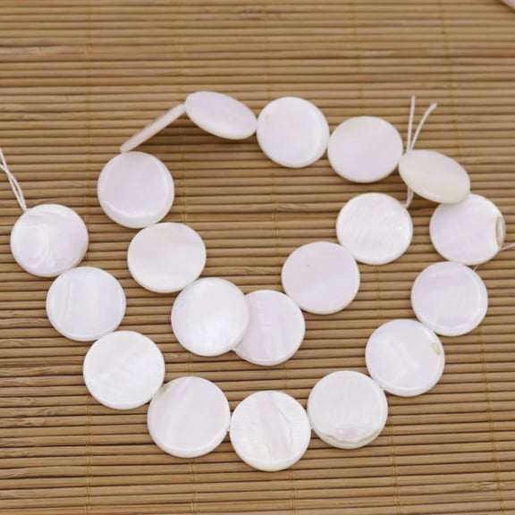 K-KED 20mm Round Flat Coin Shell Natural White Mother of Pearl Loose Beads 15" Long