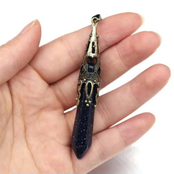 K-KED 20pcs 12x70mm Natural Stone Pendant Reiki Pendulum Crystal Delicate Jewelry Magic-Blue Sand