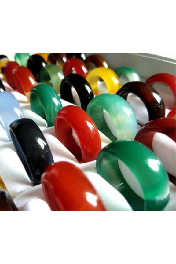 20pcs Color Mix Agate Gemstone Jade Rings Luxury Men Women Band Jewelry
