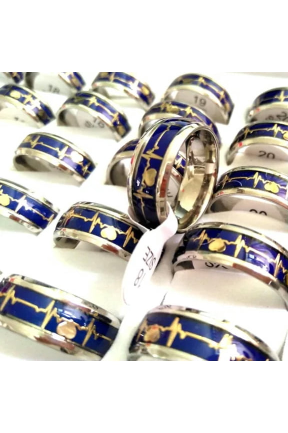20pcs ECG Mood rings Men Women Electrocardiogram 8MM 316L Stainless steel Ring