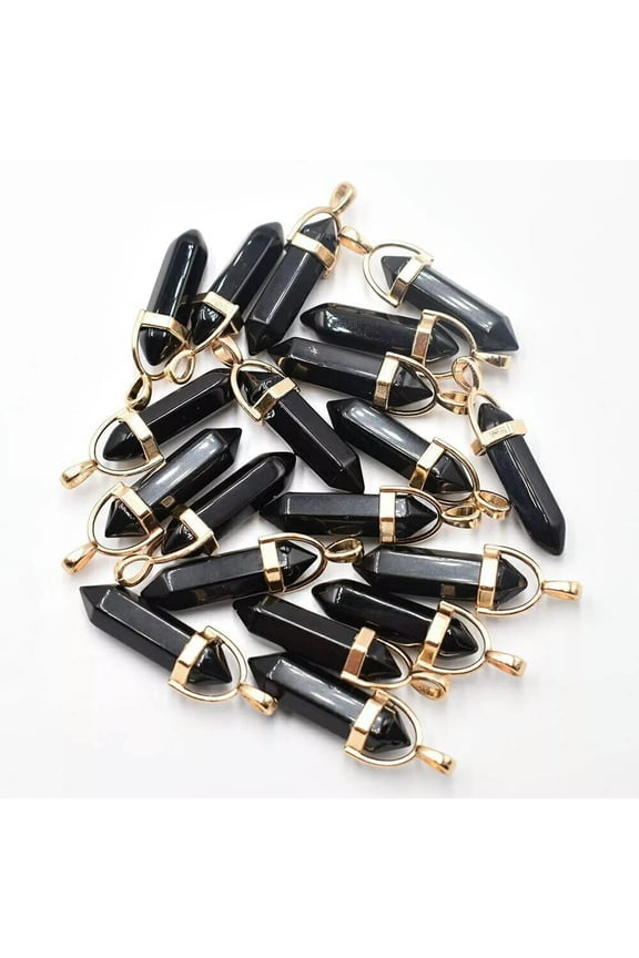 20pcs Natural Obsidian Stone Hexagonal Column Pendants for DIY Delicate Jewelry Making