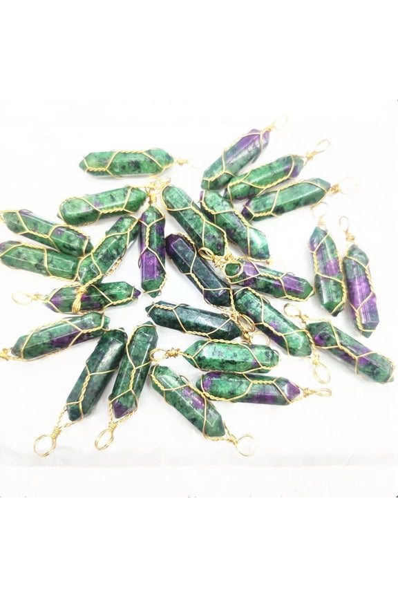 20pcs Natural Ruby In Fuchsite Pillar Shape Handmade Golden Iron Wire Pendants