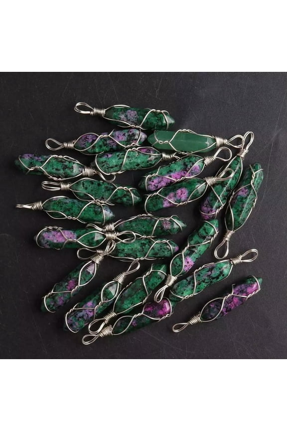 20pcs Natural Ruby In Fuchsite Stone Pillar Handmade Silver Iron Wire Pendants
