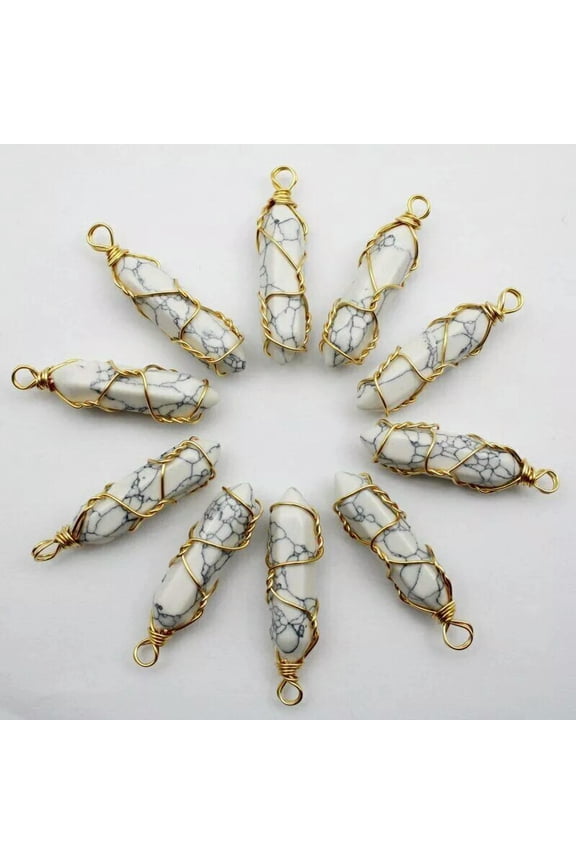 20pcs Wholesale White Turquoise Pillar Shape Handmade Golden Iron Wire Pendants