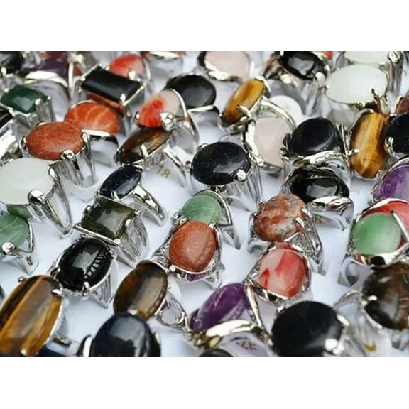 K-KED 20pcs Wholesale lots Delicate Jewelry Big assorted Natural Gemstone Stone Silver P Rings
