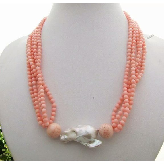 K-KED 22mm Cultured Bead-Nucleated Whtie Pearl pink Coral Necklace 20"