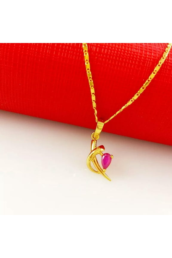 24K Electroplated Gold Plated Red Corundum Pendant Necklace Chains Women Jewelry