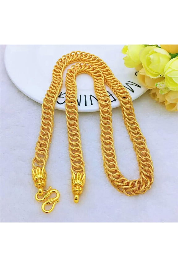 24K Yellow Gold Plated Flat Dragon Heads Sandy Circles Men's Chains Necklace