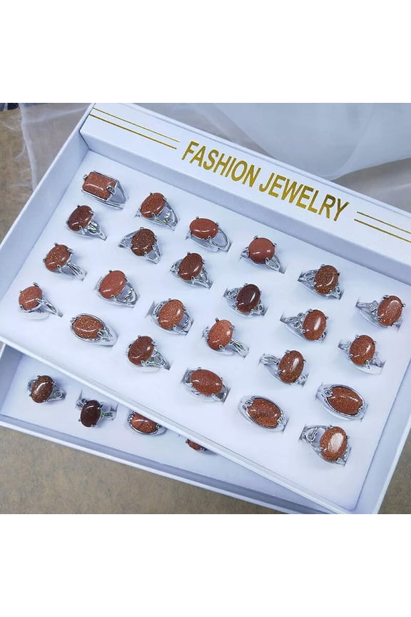 24Pcs Wholesale Ring Natural Gold Sand Stone Rings Women Gemstone Delicate Jewelry Bulk