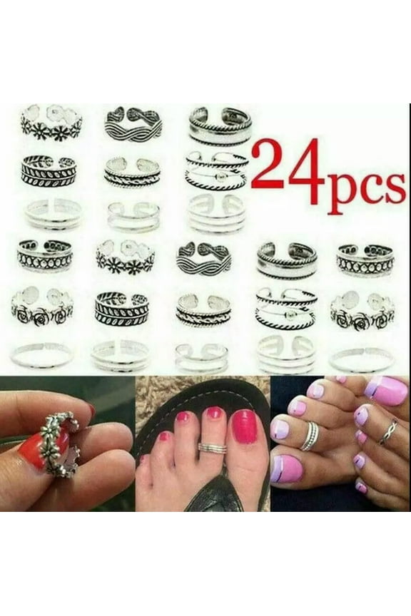 24Pcs/set Women Open Finger Punk Foot Delicate Jewelry Silver Daisy Toe Ring Retro Rings