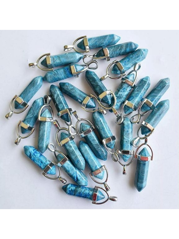 24pcs Natural Blue Crazy Agate Stone Pendants Hexagonal Pillar Pendulum DIY