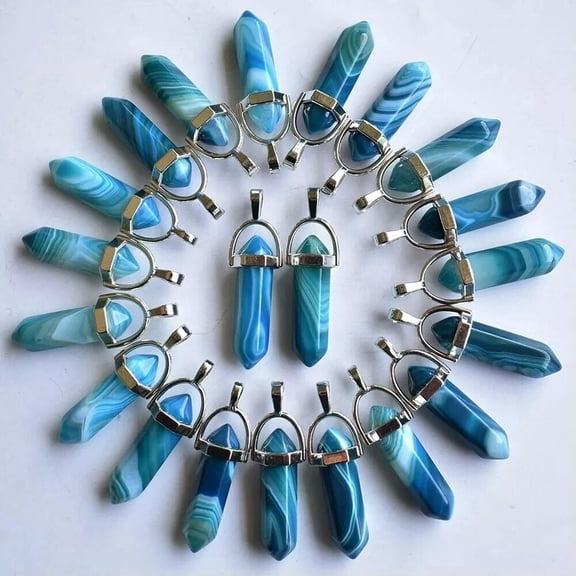 K-KED 24pcs Natural Stone Blue Line Agate Pendants Hexagonal Pillar Pendulum Necklaces