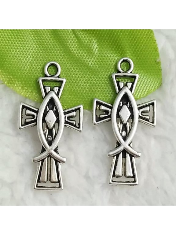252 pcs tibet silver cross fish charms 26x14mm B4784