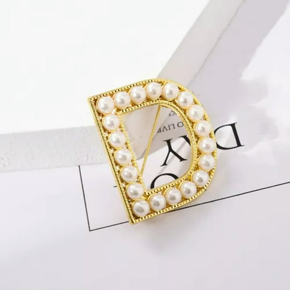 K-KED 26 Capital Initial Letter Pearl Gold Alphabet Brooch Pin Wedding Women Jewelry-D