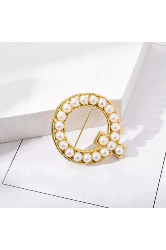 26 Capital Initial Letter Pearl Gold Alphabet Brooch Pin Wedding Women Jewelry-Q