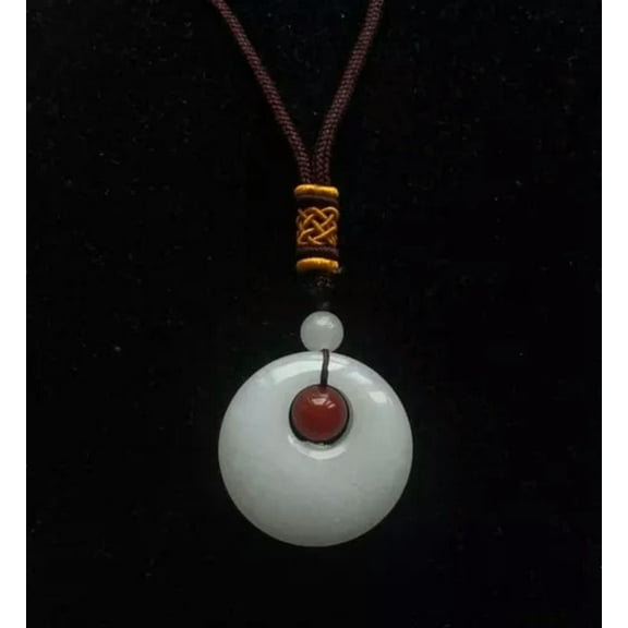 K-KED 26" Donut Circle Natural white jade stone Carnelian Pendant,Amulet rope necklace