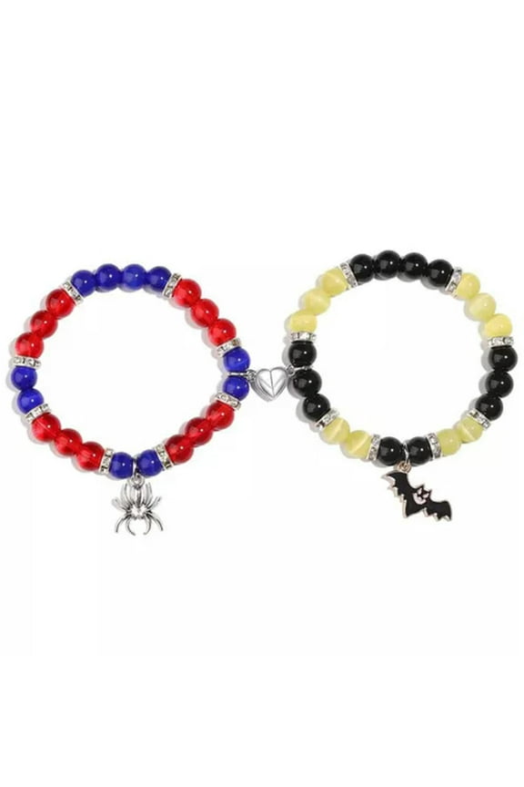 2Pcs Heart Magnetic Bangles Spider Beaded Bracelet Halloween Delicate Jewelry Women Men-Red