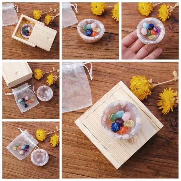 K-KED 2Pcs Raw Natural 7 Chakra Crystal Tumbled Stone Sakura Cherry Blossom Agate Bowl