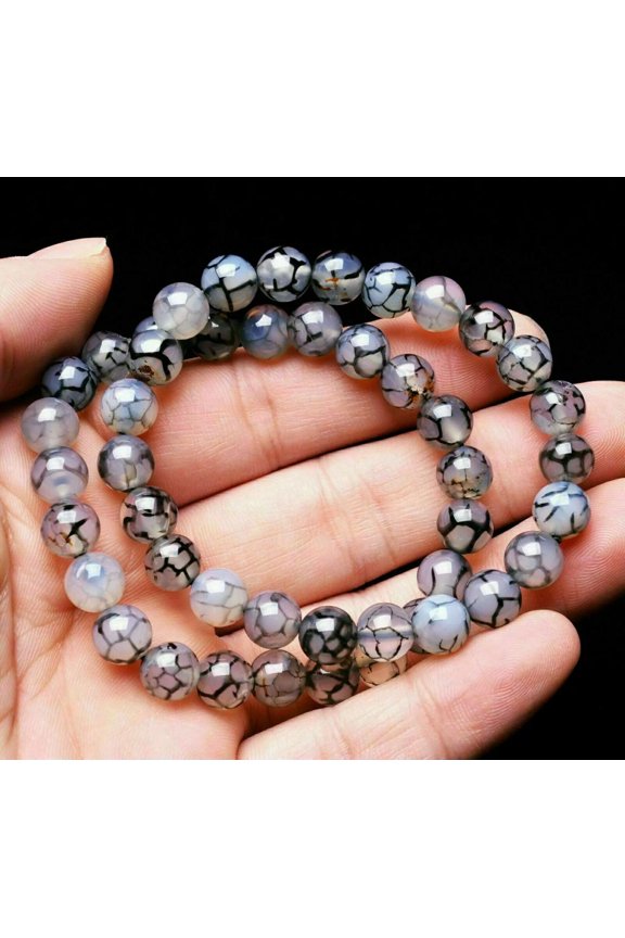 2pc Natural 8mm Black White Dragon Agate Gemstone Beads Bracelet 7.5" AAA++