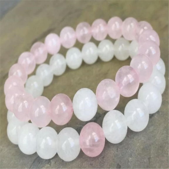 K-KED 2pcs 8mm Pink White Jade Gemstone Mala Bracelet 7.5 inches Wrist Yoga Handmade