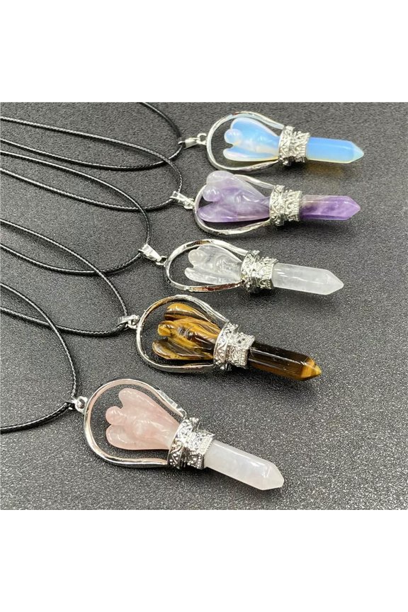 2pcs Jade Crystal Stone Hexagon Point Angel Wings Pendant Prism Amulet Necklace