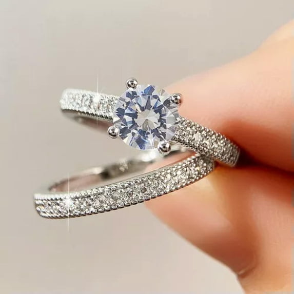 K-KED 2pcs/set 925 Silver Party Rings Pretty Women Cubic Zirconia Delicate Jewelry Size 6-10-10-Silver