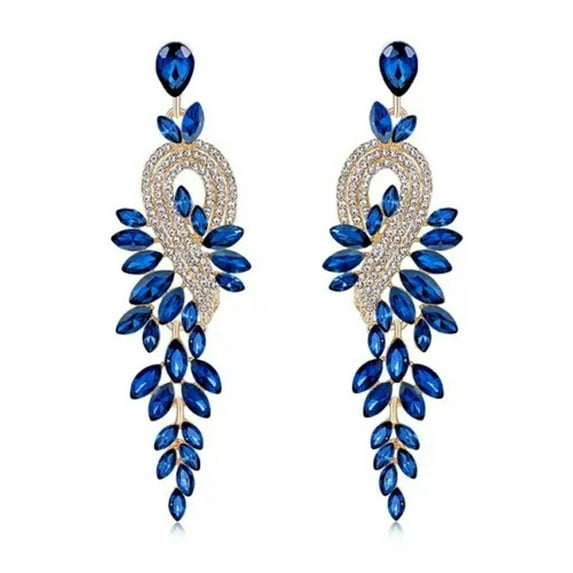 K-KED 3.5" Big Blue Large Gold Long Rhinestone Crystal Pageant Dangle Earrings Formal