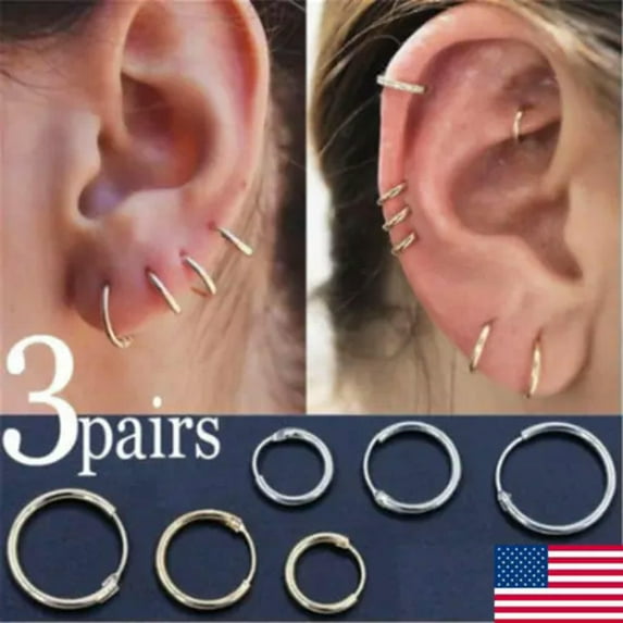 K-KED 3 Pairs Gold/Silver Simple Small Hoop Women Personality Punk Earrings Gift US-Silver